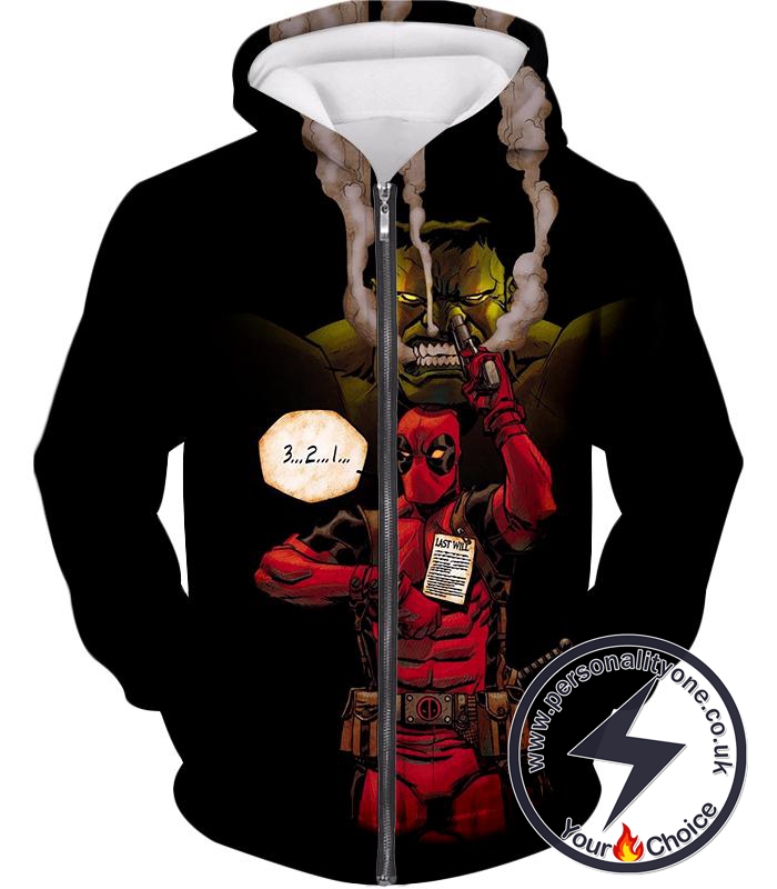 Awesome Deadpool Action ft Angry Hulk Cool Black Zip Up Hoodie